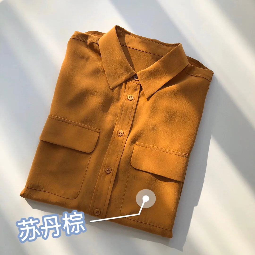 Women Real Silk Shirts Classic Double Pockets Solid Color Casual Fashion Long Sleeve Thin Shirt Blouses Tees