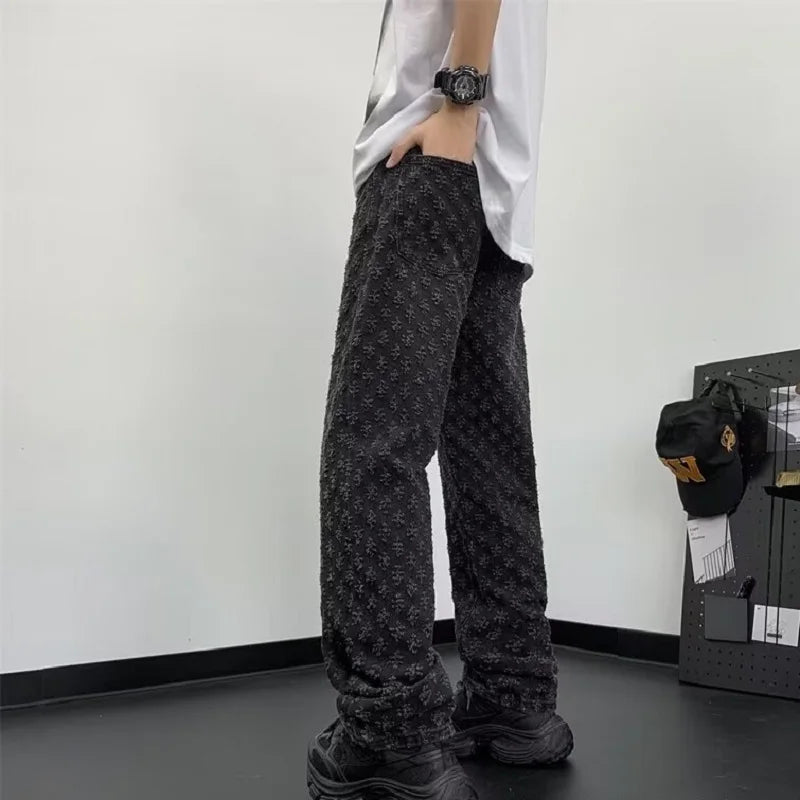 Jacquard All Over High Street Jeans Mens 2024 New Straight Lift Pattern Loose Wide Leg Jeans Casual Boyfriend Jeans Pants Tide