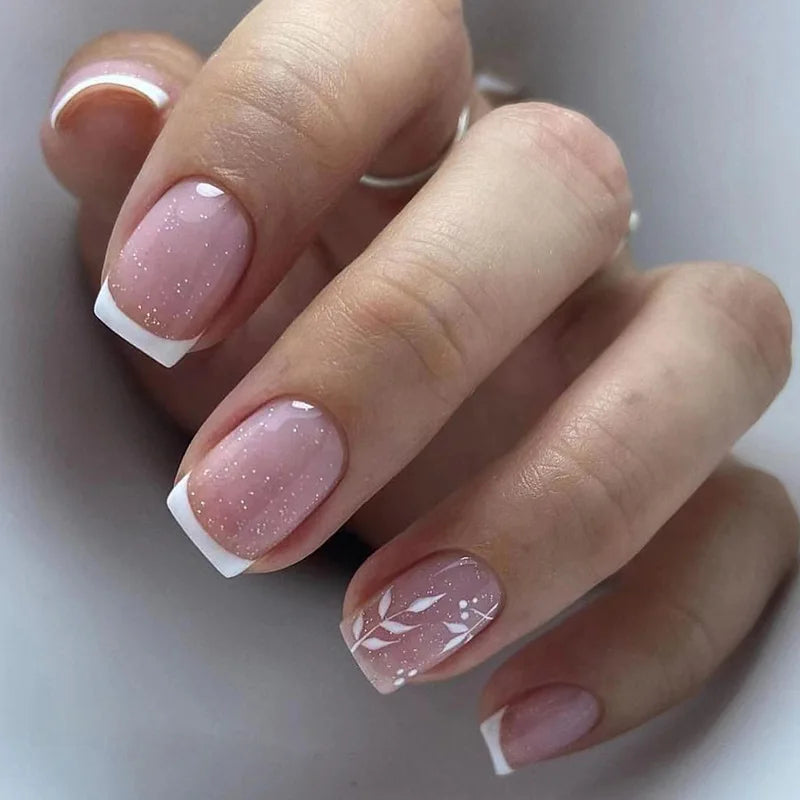 False Nail Full Cover Fake Nail Pink Glitter Wearable French Short Nails Square Head False Nail Press On Nails Manicure Tool