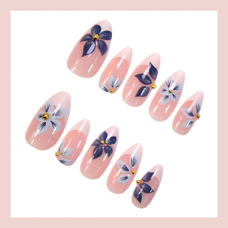 Medium fake nails for women Gradient nude brown blue flowers or rhinestones fall winter almond tips press on false nail art set