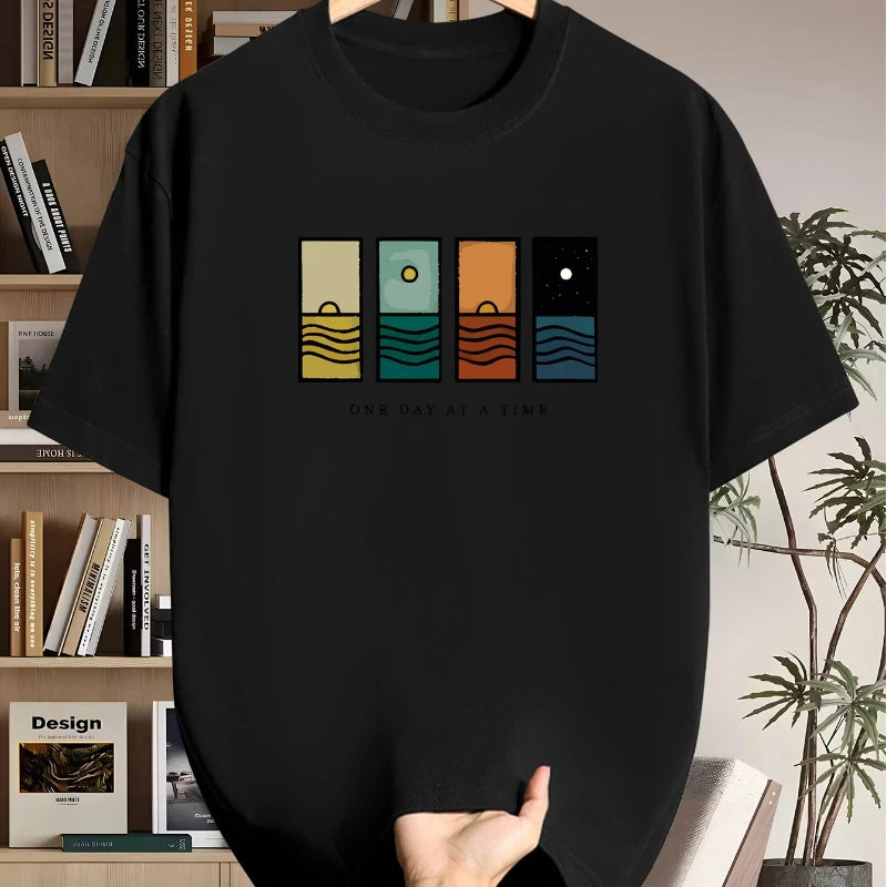 One Day at a Time Graphic Print T-shirts for Men Casual Fashion Summer Vintage Loose Streetwear Tops Crew Neck Short Sleeve Tees