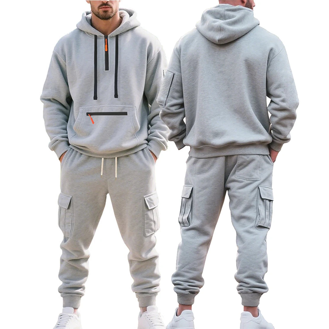 Men's Heavyweight Fleece-Lined Casual Tracksuit Set for Winter - Loose-Fit, Half-Zip, 2-Piece Workwear Style