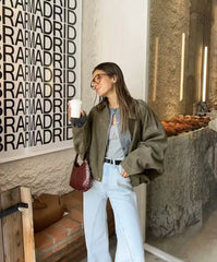 Women Bomber Jackets Suede Texture Coats Fashion Turn-down Collar Long Sleeve Loose Vintage Female Outerwear Chic Top Streetwear