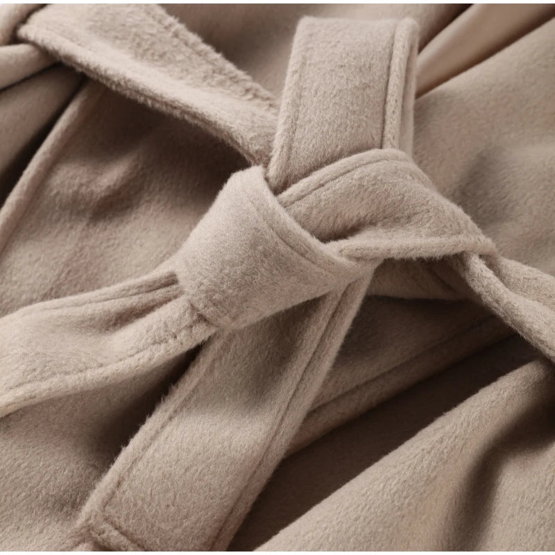 Elegant Women's Lace Up Woolen Coats Solid Full Sleeve Turn-down Collar Loose Lady Coats 2025 Autumn Winter Female Streetwear