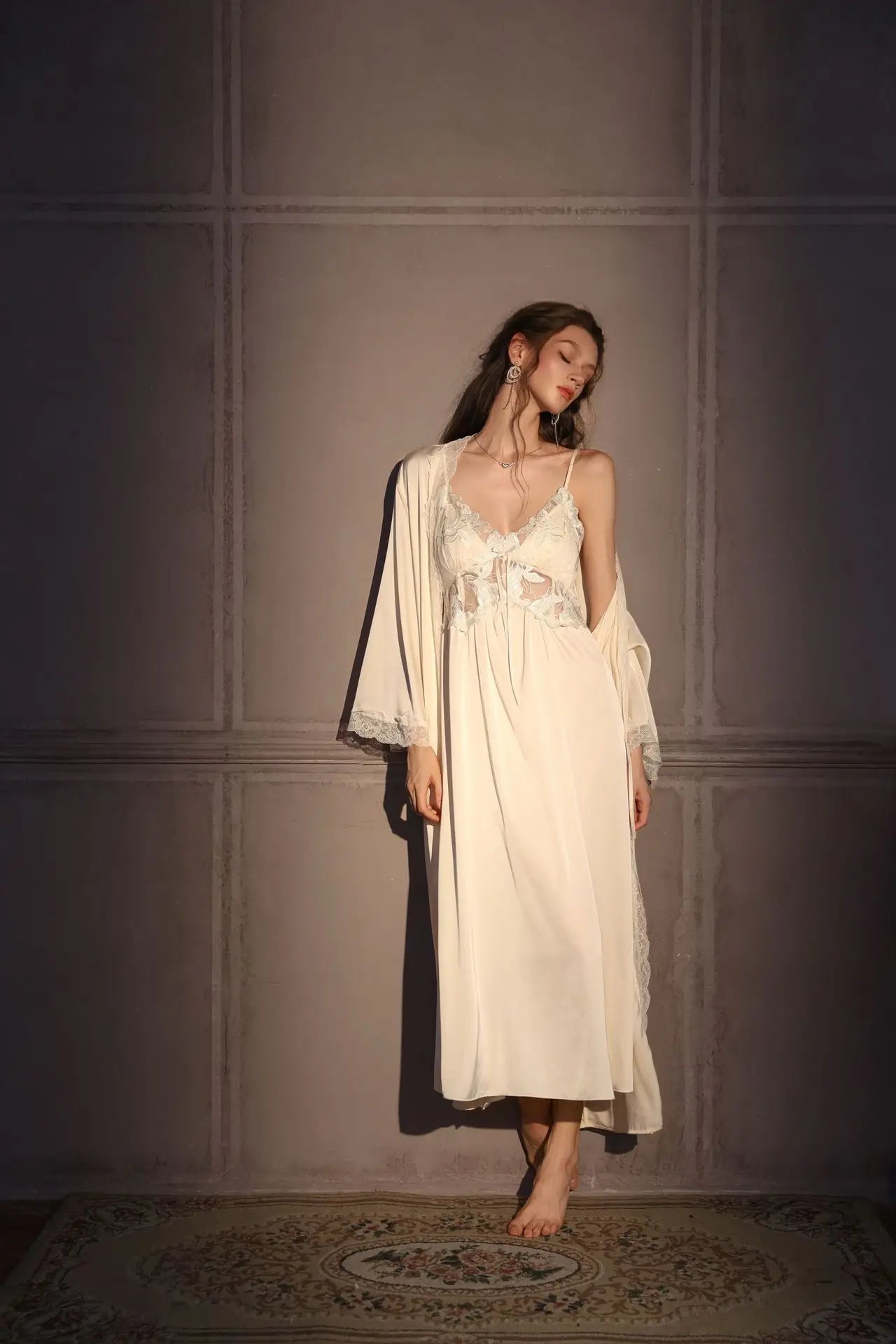 Elegant Female Long Robe Set Nightgown Silky Ice Silk Sleepwear Homewear SEXY Hollow Out Lace Nightdress Lingerie Loungewear