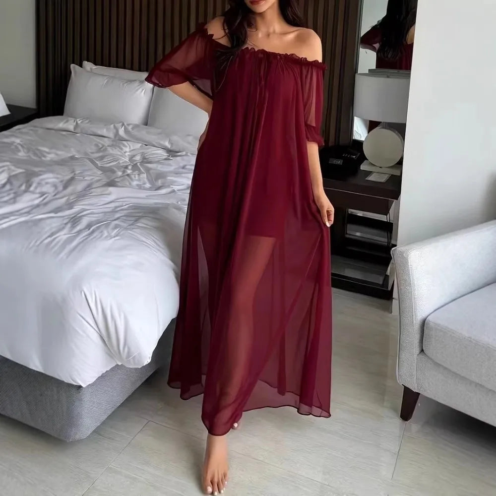 Home Dress Off Shoulder Sheer Nightgown V-neck Ruffle Mesh Nightdress Transparent Short Sleeve Long Sleeping Dress Sleep
