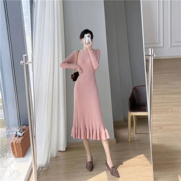 Elegant Knit Flounce Midi Dress