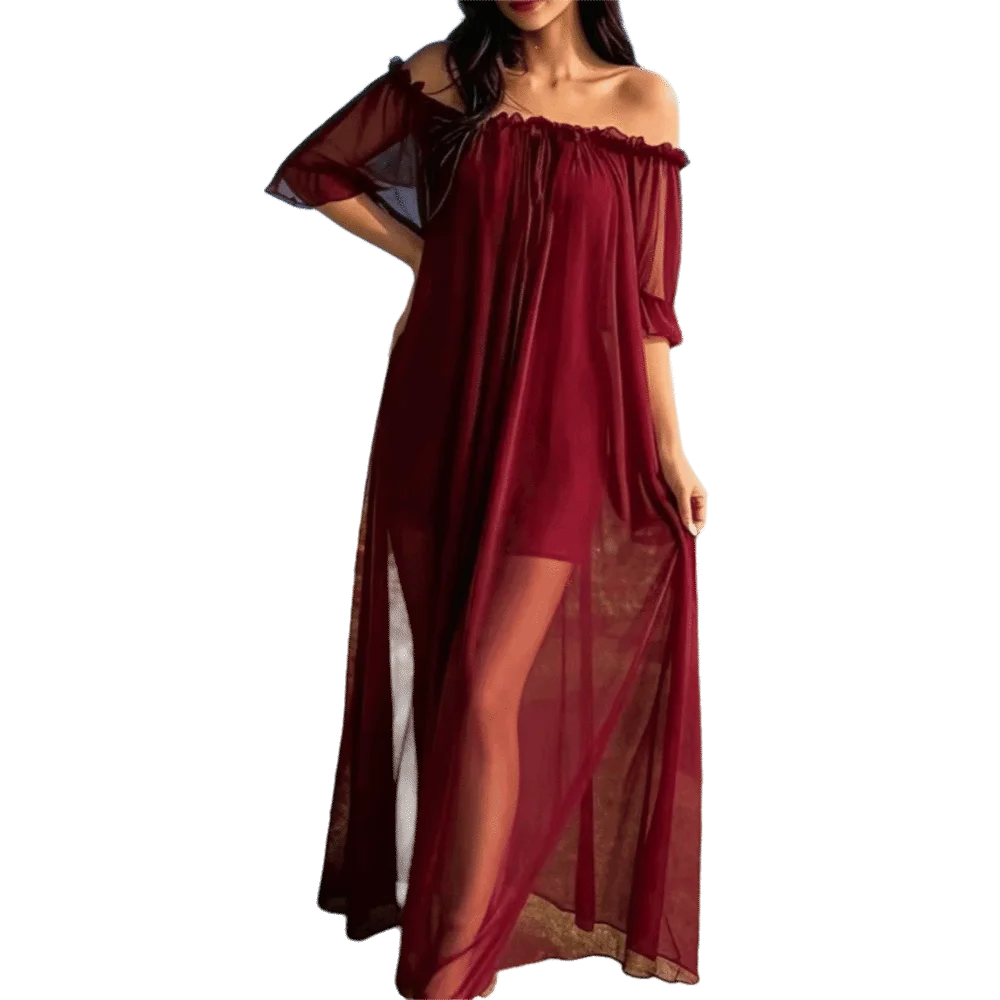 Home Dress Off Shoulder Sheer Nightgown V-neck Ruffle Mesh Nightdress Transparent Short Sleeve Long Sleeping Dress Sleep