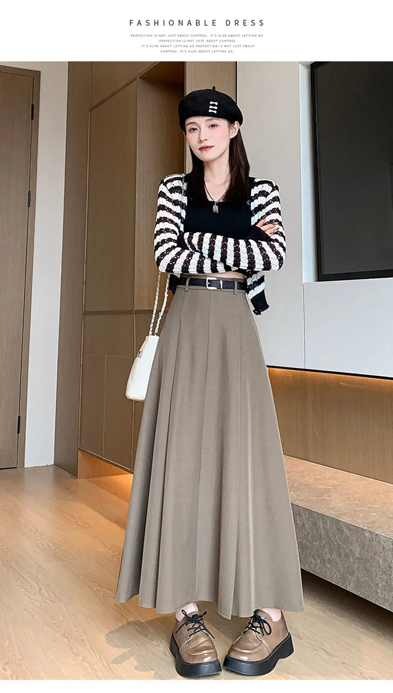 Elegant Skirts for Women Korean Style Long Skirt Female Black Pleated Midi Skirt Women's Clothing Office Lady Skirts Outfits New
