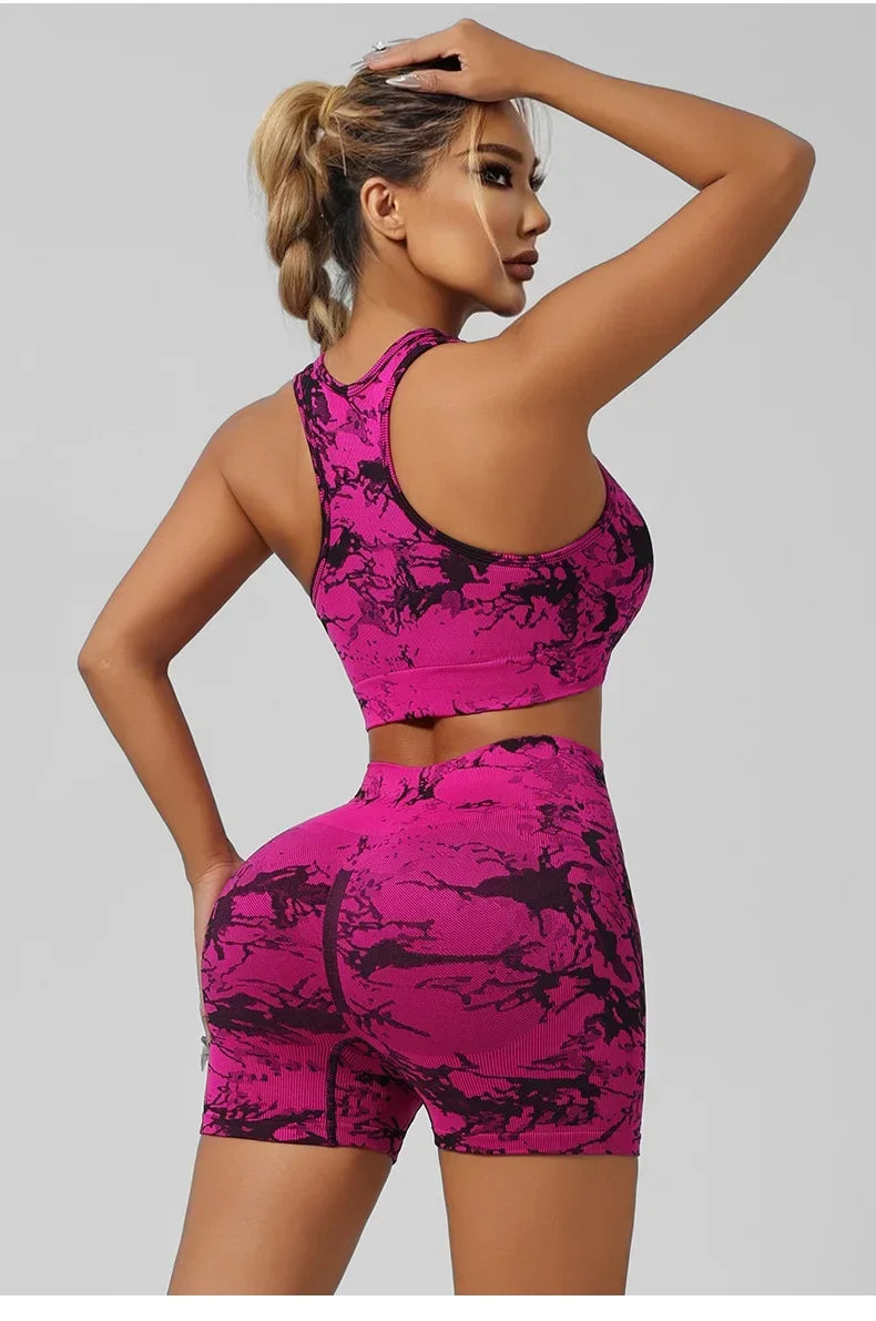 Women Seamless Tie Dye Yoga Set Quick Dry Sports Bra Shorts Lightweight Breathable Workout Outfit