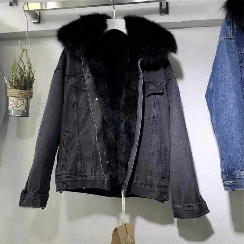 Winter Warm Coats Big Fur Collar Denim Jacket Women Basic Coat Female Cold Motorcycle Outerwear Fleece Thick Padded Overcoat