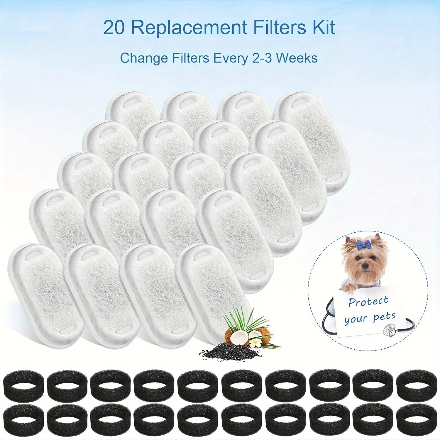 20PCS Cat Water Fountain Activated Carbon Dog Water Bowl Dispenser Replacement Filters with 20 Sponges for Home Pet Hydration