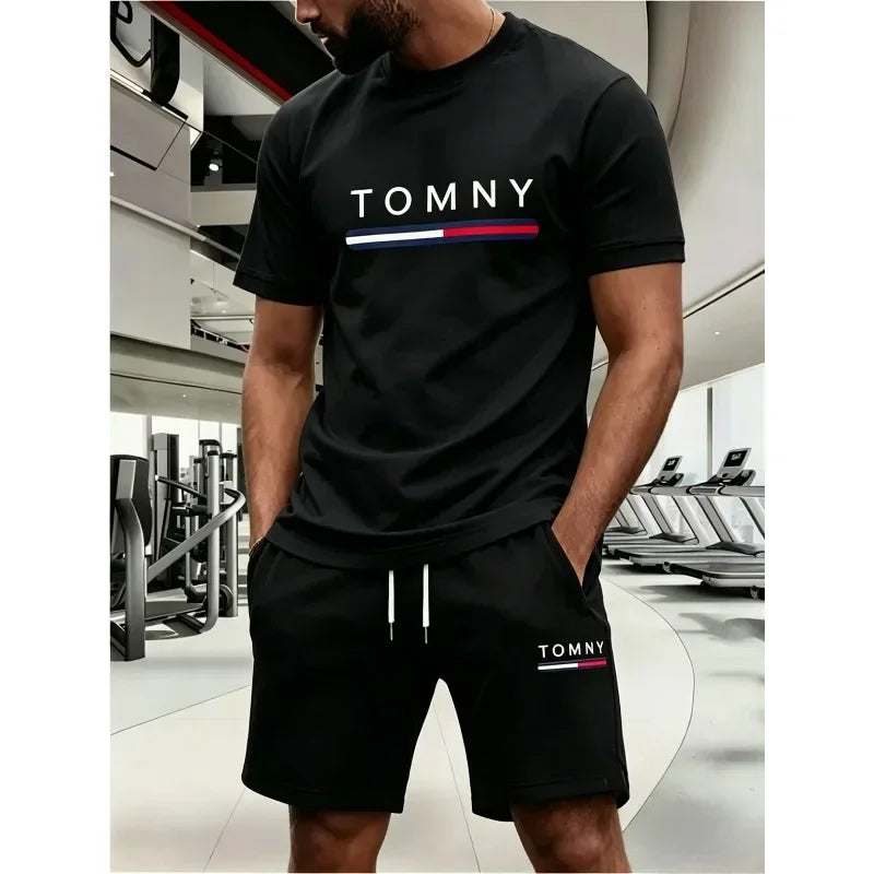 men's sports suit summer fashion street short sleeved sports suit trendyprinted pattern embellishmentThree colors to choose from