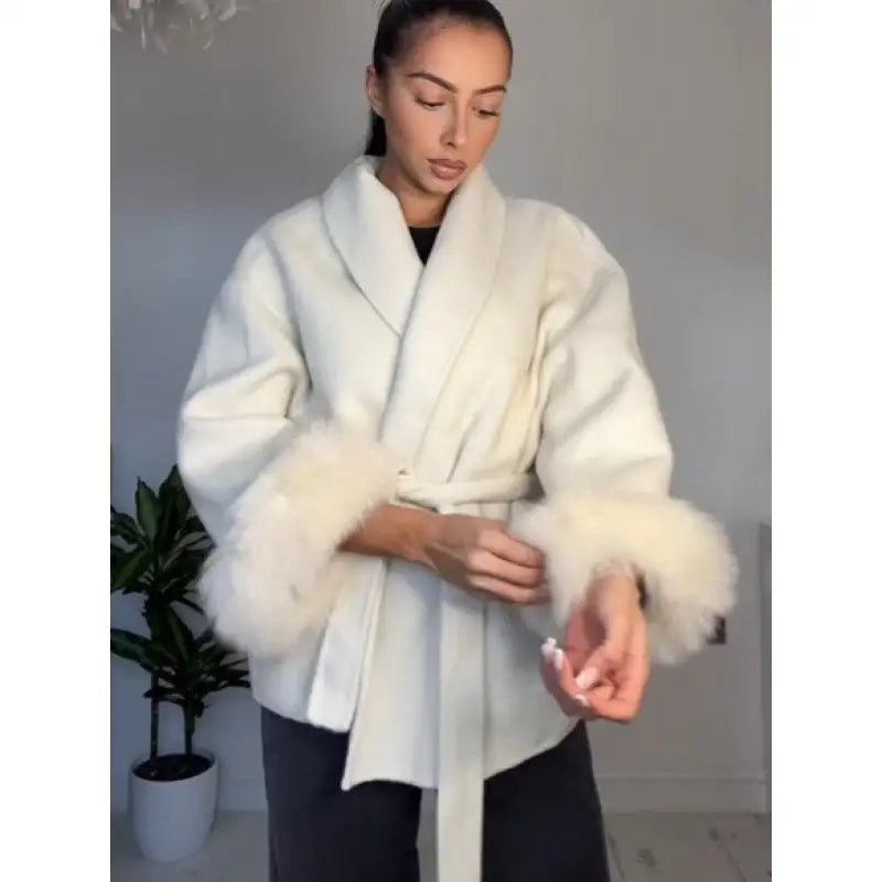 Elegant Women's Lace Up Woolen Coats Solid Full Sleeve Turn-down Collar Loose Lady Coats 2025 Autumn Winter Female Streetwear