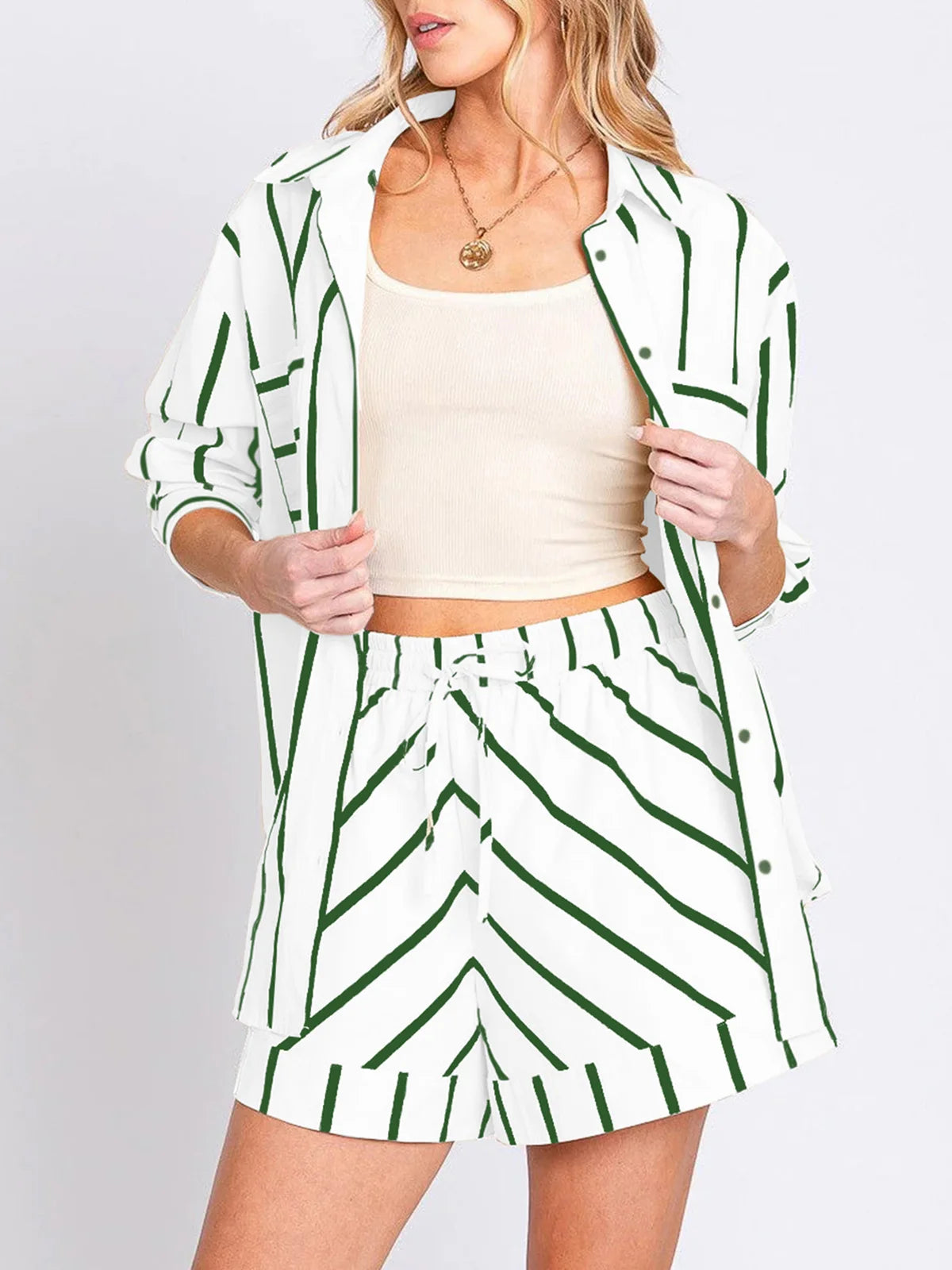 Striped Button Blouse Shorts Set