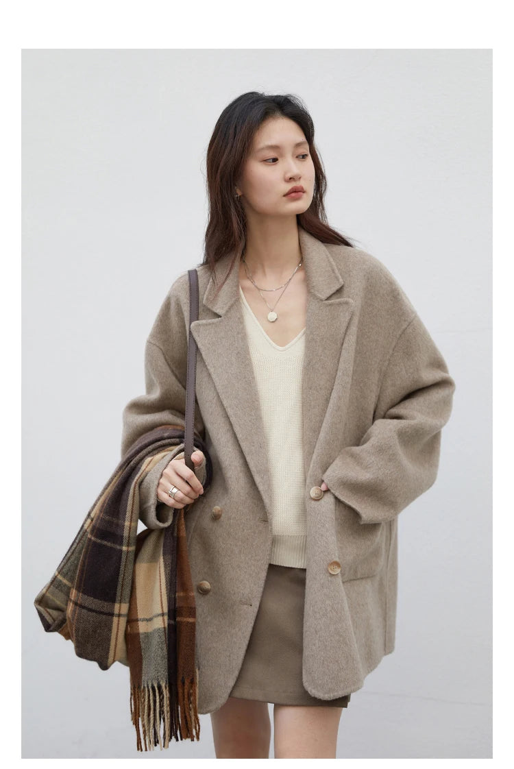CHIC VEN Women's Woolen Coats Loose Casual Double Breasted Retro Double-sided Jacket Office Lady Outerwear Autumn Winter 2026
