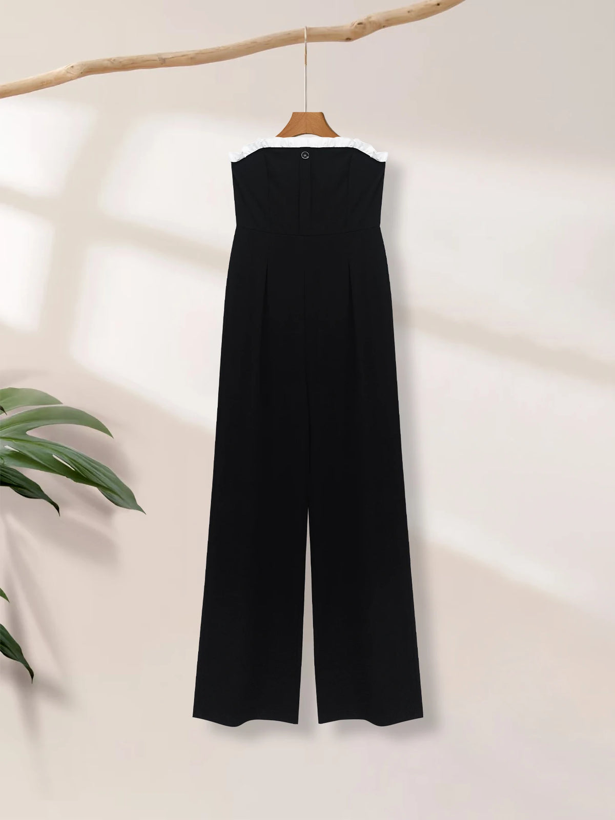 Jumpsuit Spring Summer Women Black Strapless White Ruffle Trim Wide Leg Chic Elegant Daily Date Party Jumpsuit