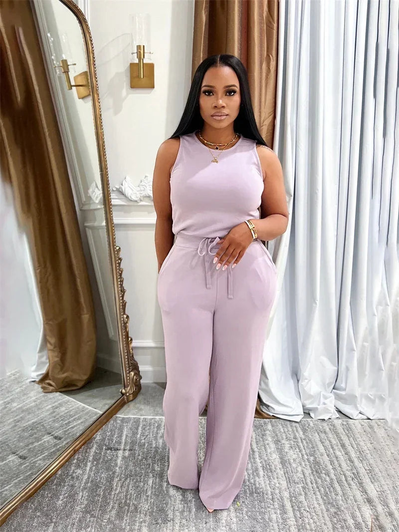 Solid Casual Jumpsuit for Women Sleeveless Drawstring High Waist One Pieces Rompers and Jumpsuits Summer Outfits Combinaison