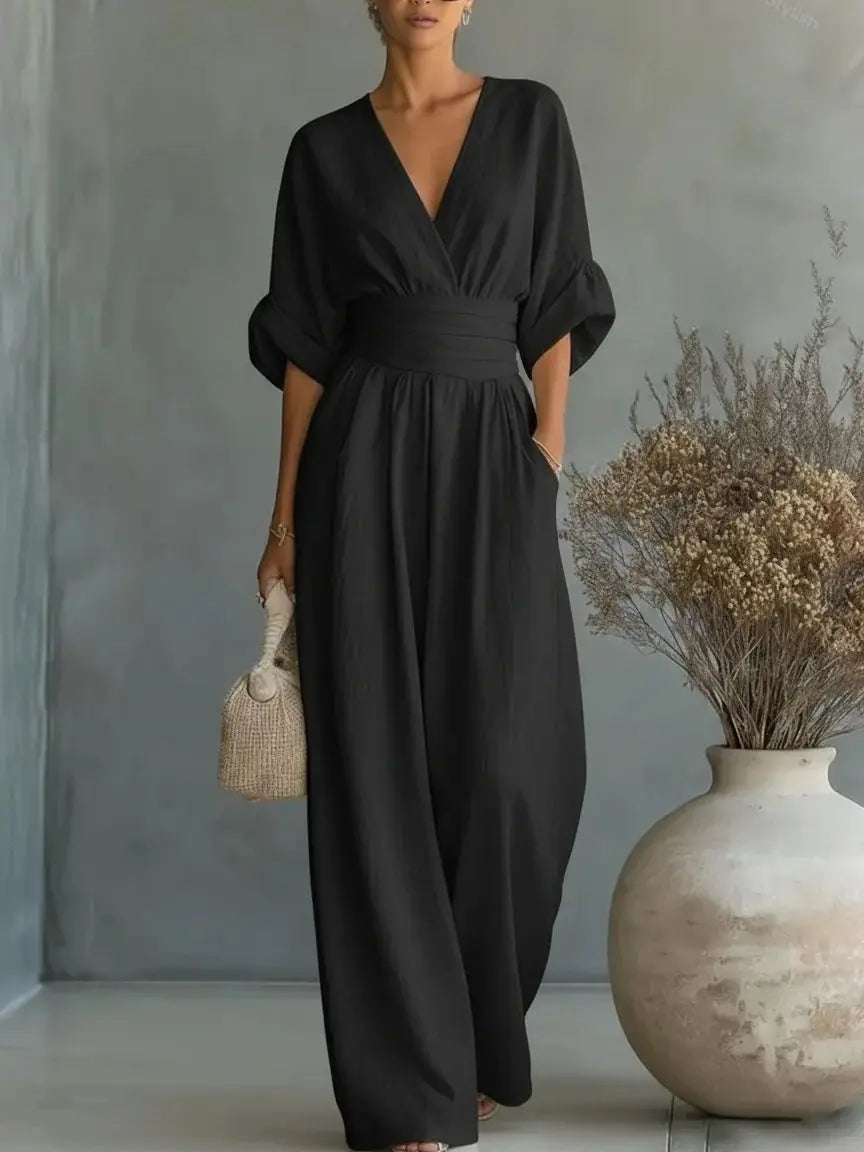 Women's Jumpsuit Fashion High Waist V-neck Casual Jumpsuits Sexy Solid Color Office Wide Leg Trousers Overalls Vacation Outfit