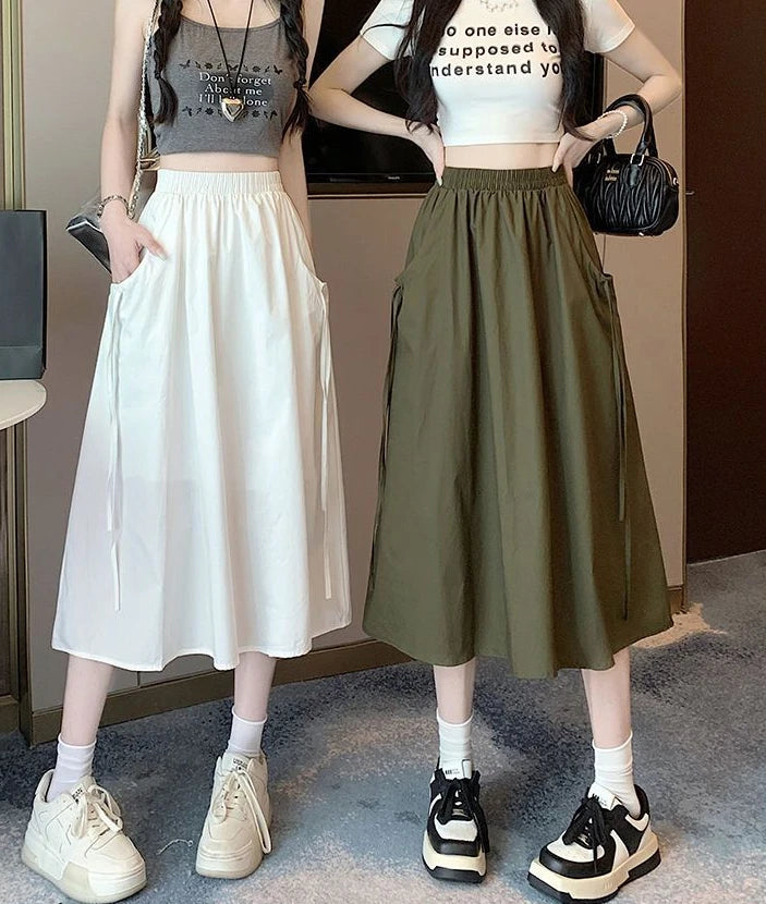 Drawstring Cargo A-Line Midi Skirt