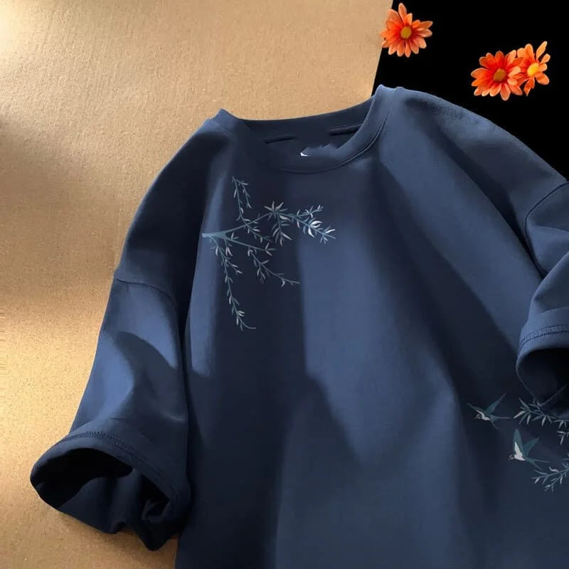 Men's Oversized T-shirts Fashion White Cotton T Shirt for Men Casual Summer Wear Bird Print Tee Shirts Men Clothing Lightweight