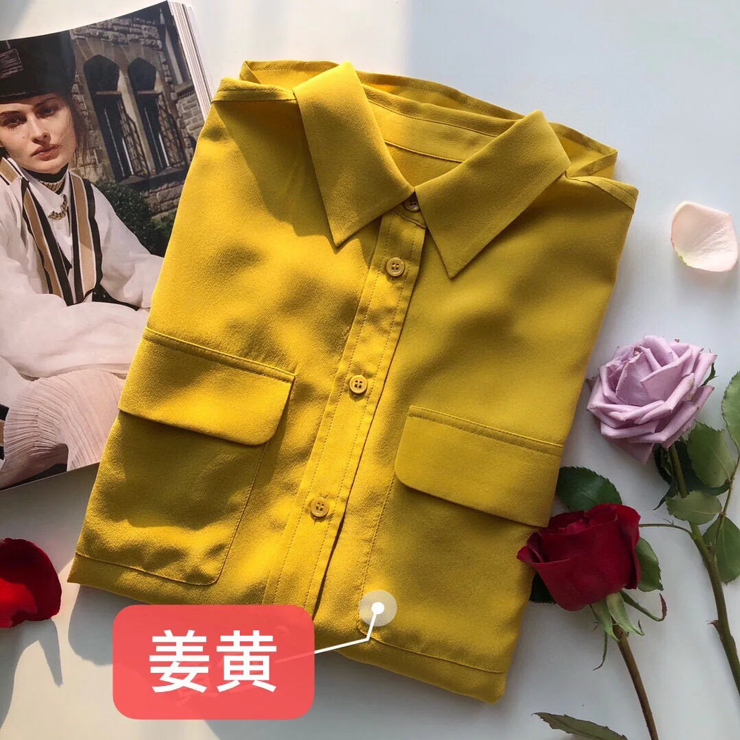 Women Real Silk Shirts Classic Double Pockets Solid Color Casual Fashion Long Sleeve Thin Shirt Blouses Tees
