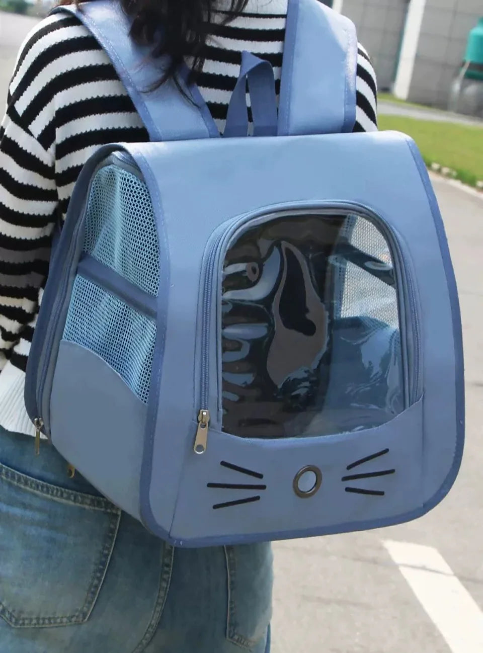 Breathable Oxford Pet Cat Carrier Backpack for Small Dogs, Portable Transparent Travel Outdoor Bag with Side Mesh Pockets, Airy