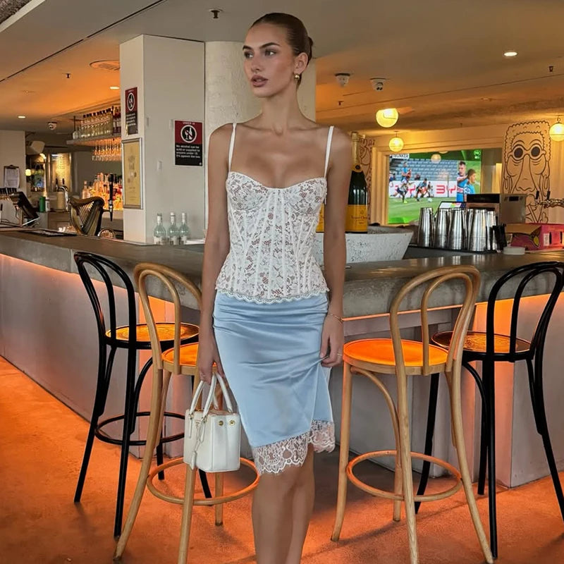 2 Piece Skirts Set Lace Corset Top and Satin Midi Skirt Women Sexy Bustier Backless Crop Top Bodycon Slip Skirts Matching Outfi