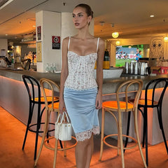 2 Piece Skirts Set Lace Corset Top and Satin Midi Skirt Women Sexy Bustier Backless Crop Top Bodycon Slip Skirts Matching Outfi