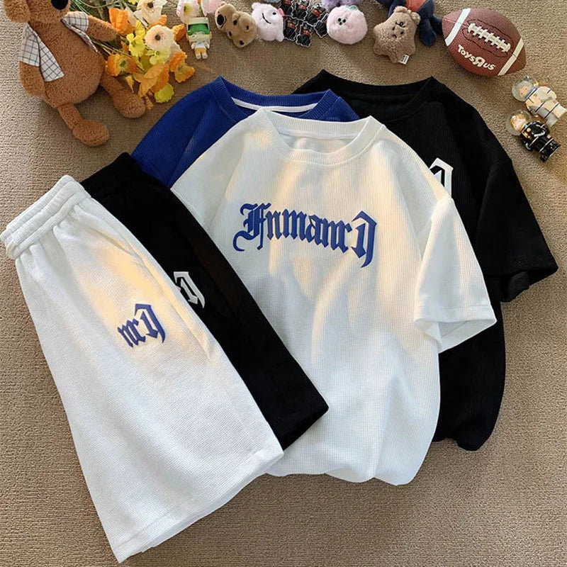 Printed Streetwear Tracksuit Men Summer Waffle Sets Casual Trendy Sportswear Short Sleeve T-Shirt Sports Breathable Shorts