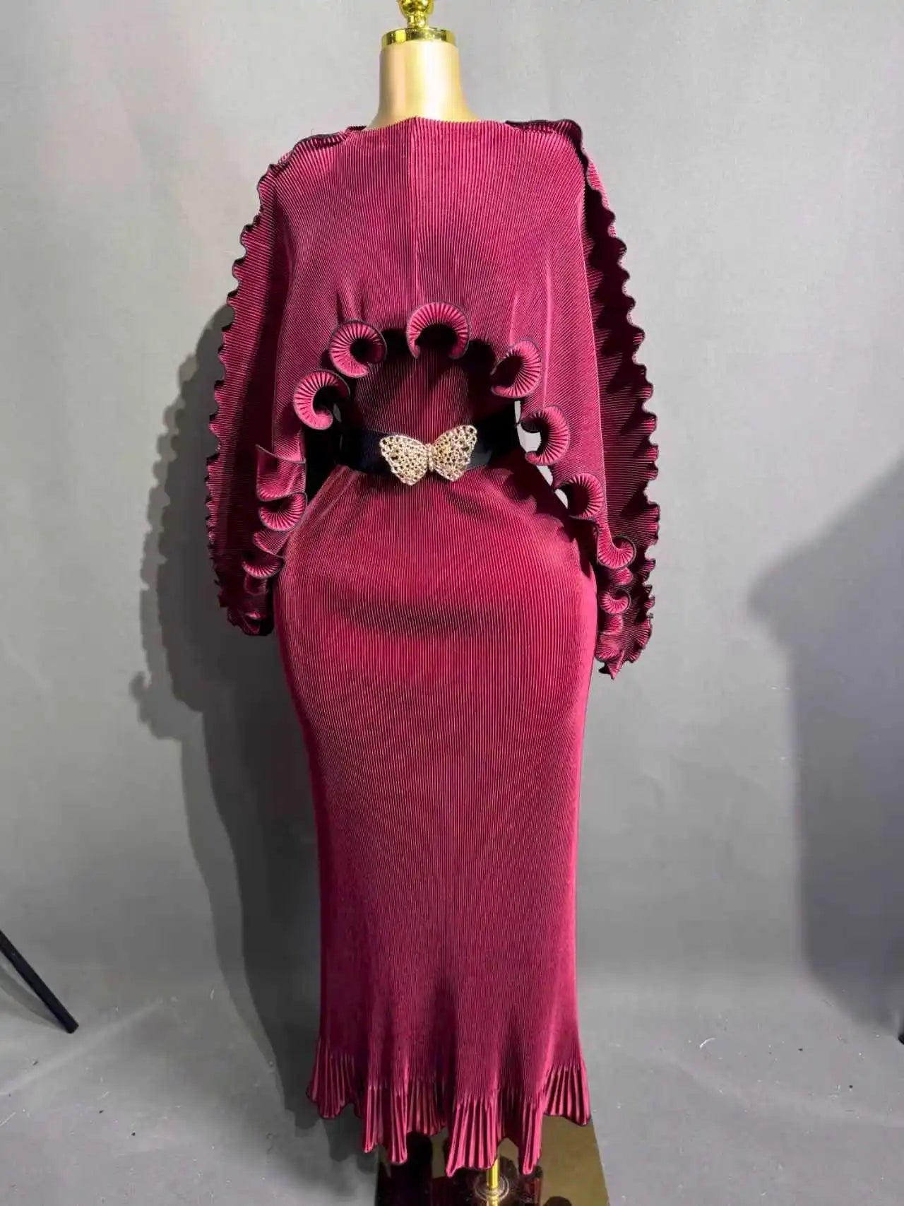 Elegant Pleated Long Dress with Butterfly Belt Women Cape Sleeve Wave Edge Ruffle Evening Party Dress