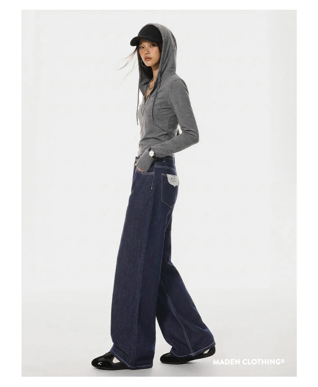 Maden Women's Vintage 12.4oz Washed Denim Jeans Straight Wide-Leg Casual Loose Fit Blue Trousers For Spring and Fall Streetwear