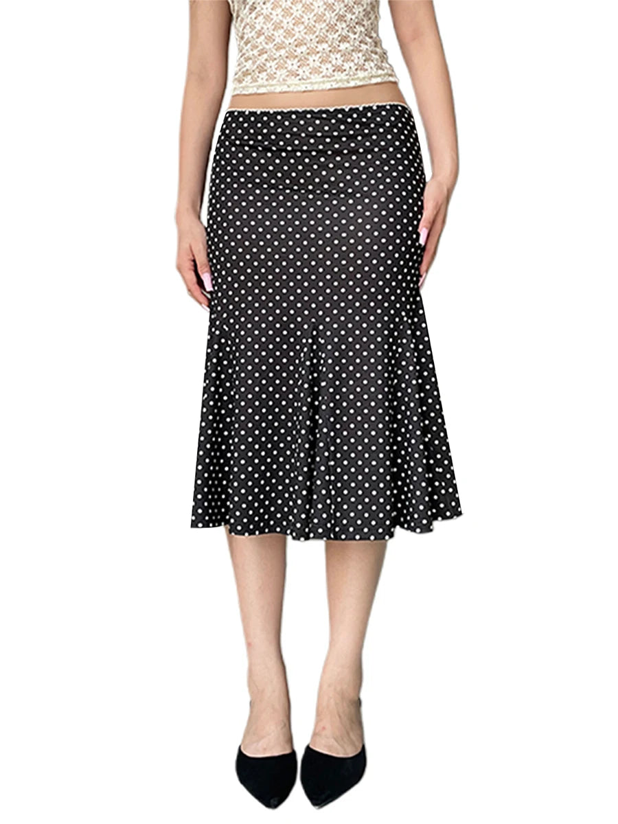 Dot Print Low Waist Skirts Spring Summer Vintage Casual Skirts Women Fashion Midi Skirts