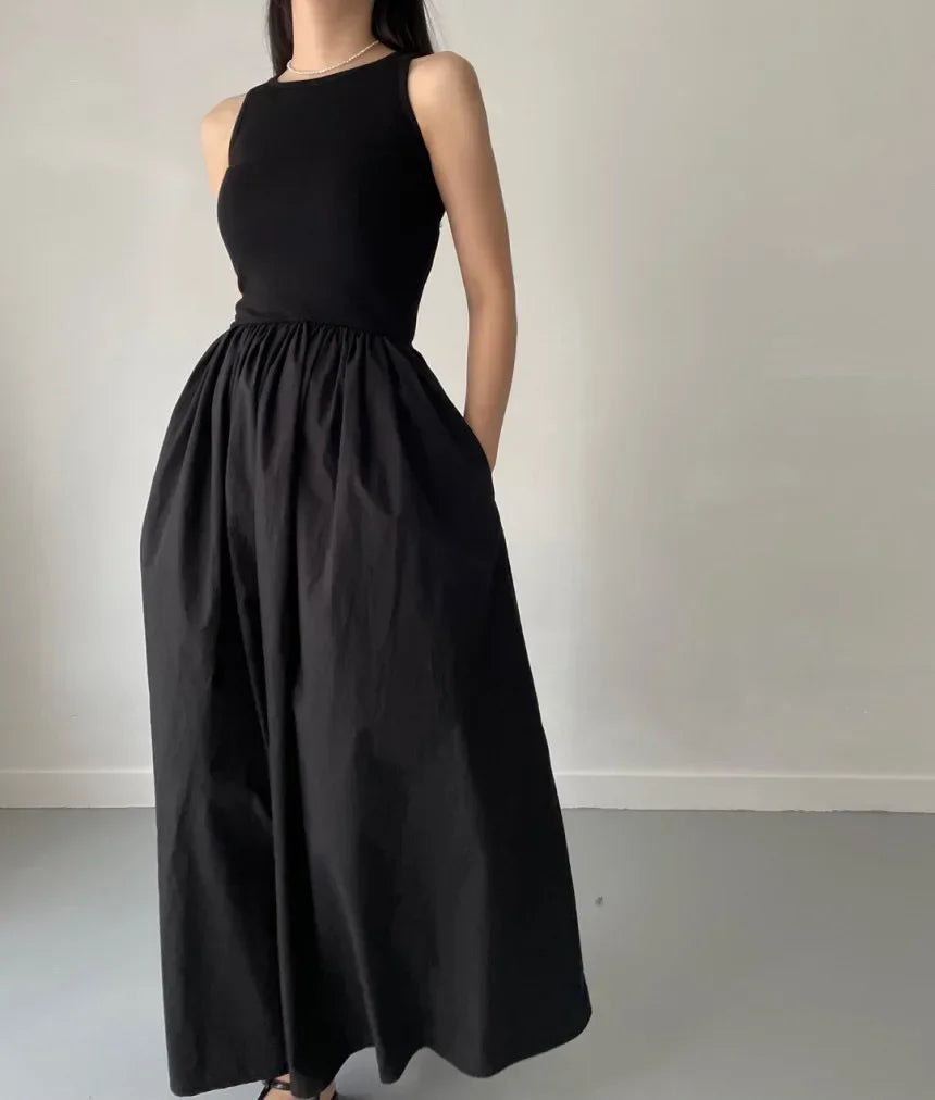 Female Fashion Style Dress New Summer Simple Elegant Black Long Dresses For Women Round Neck Sleeveless High Waist Temperament