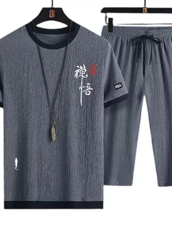 Casual Ice Silk Sports Suit Men's Summer Thin Short Sleeve Shorts Trendy Clothes Handsome Match One Set of Youth Clothing