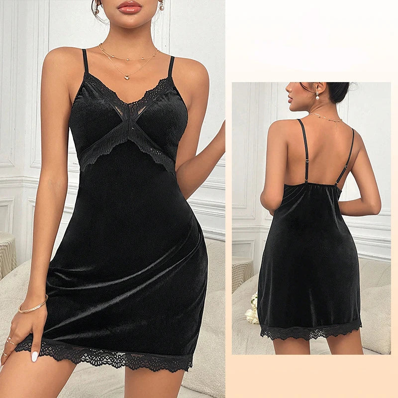 Women's Velvet Nightdress Sexy Deep V Nightgown Female Lace Patchwork Suspender Skirt Backless Adjustable shoulder strap Dress