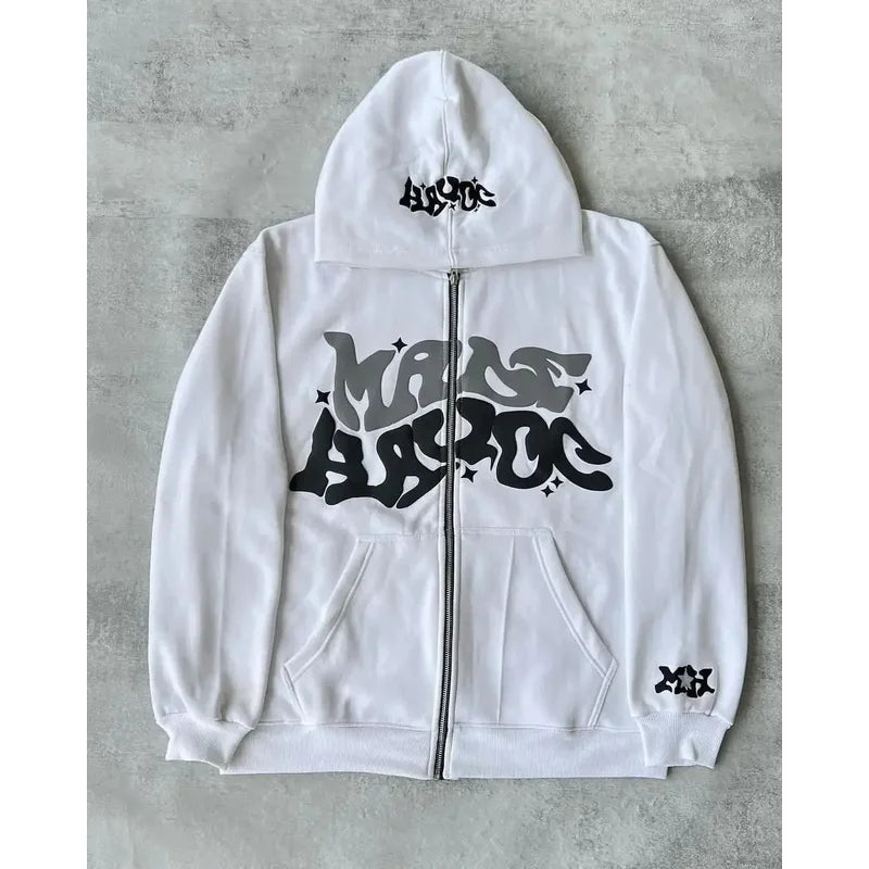 Hooded zipper hoodie with retro American-style letters, unisex, suitable for pairing with a millennial-style jacket