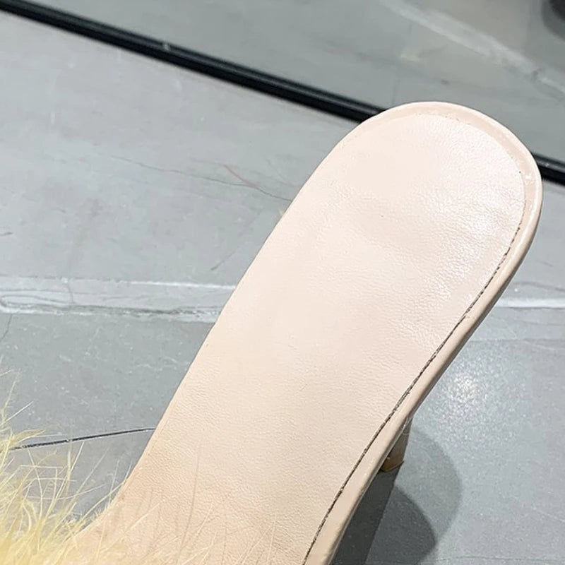 Summer New High Heels Sexy Slippers with Fine Heel Design and Hairy Decoration Cool Slippers with Daily Pointed Points Luxury