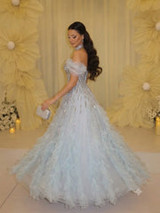 Elegant Women's Formal Evening Dresses 2026 Blue Off Shoulder Rhinestone Beaded Corset Bodice Tiered Tulle Party Dresses