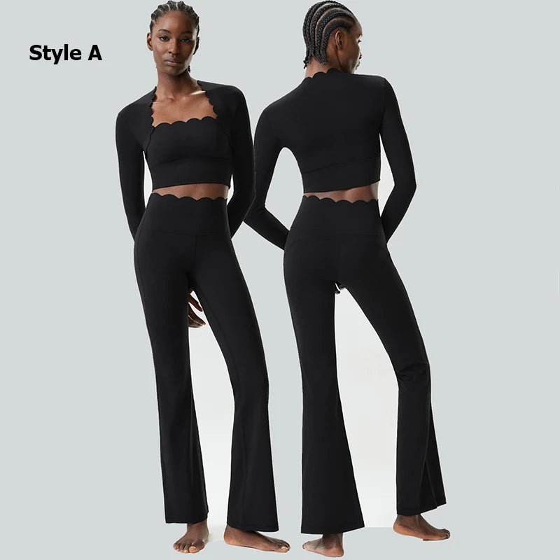 Women Two Pieces Fitness Yoga Set Solid Color Long Sleeve Gym Sportswear Breathable Quick Dry Workout Clothes Female Suit