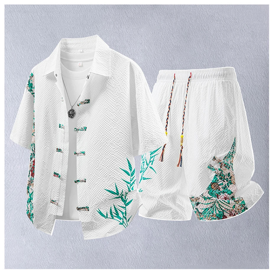 Summer Tracksuits Men Traditional Chinese Style Suit Shirt Shorts Tang Suit Male Fashion Casual Summer Sets