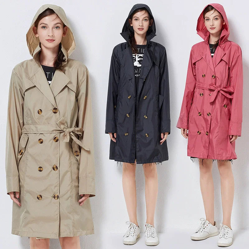 Fashion Women Thin Raincoat Poncho Ladies Waterproof Long Slim Raincoats Adults Outdoor Hiking  Windproof Rain Coat With Belt