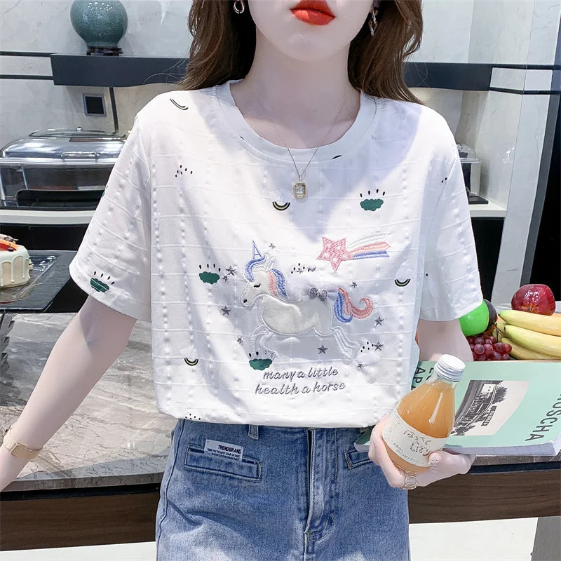 Embroidered Cartoon Summer Casual Tee
