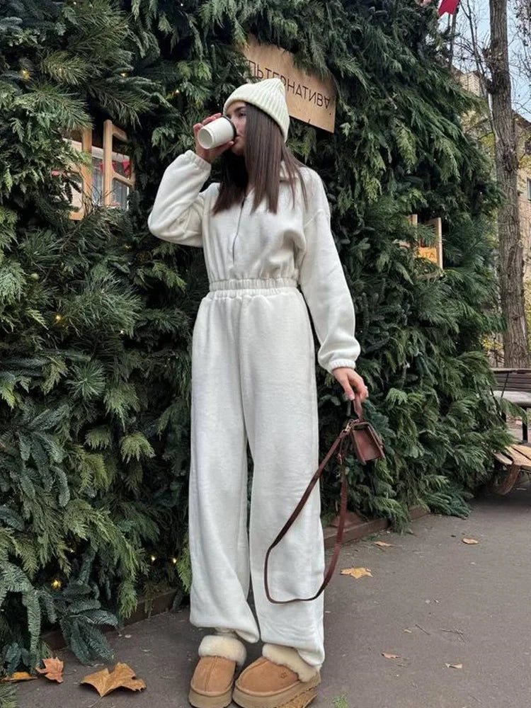 Jumpsuit Women 2026 New Fashionable Long Sleeved Jumpsuit for Women's Casual Half Open Collar Elastic Waist Jumpsuit