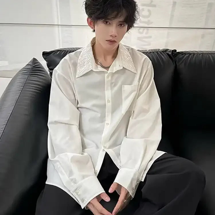Men's Satin Shirt with Embellished Collar
