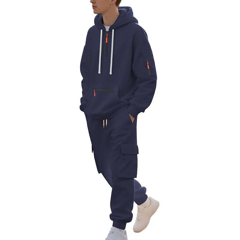 Men's Heavyweight Fleece-Lined Casual Tracksuit Set for Winter - Loose-Fit, Half-Zip, 2-Piece Workwear Style
