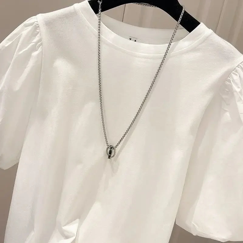 Mujer Cotton Tshirts for Women Summer T-shirts Puff Sleeve O-neck Tees Oversized Tops Fashion Sweet White Tees