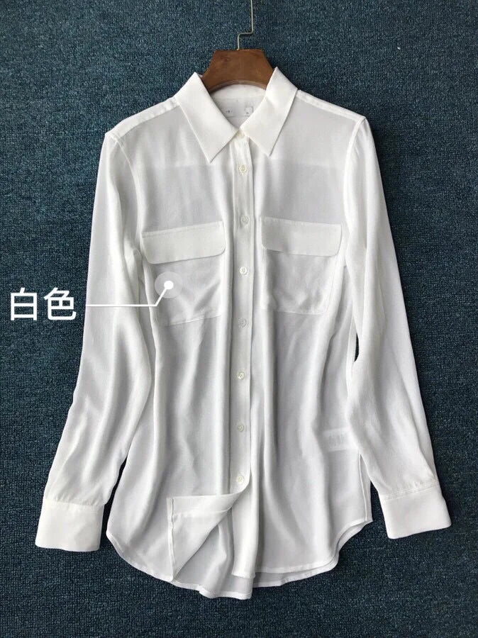 Women Real Silk Shirts Classic Double Pockets Solid Color Casual Fashion Long Sleeve Thin Shirt Blouses Tees