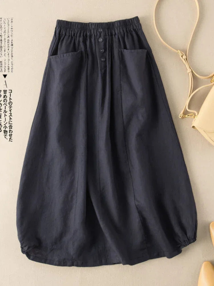 Women's Skirt Cotton Linen Casual Straight Skirts Woman Fashion 2026 Summer Loose Solid Color Button Long Skirts for Women