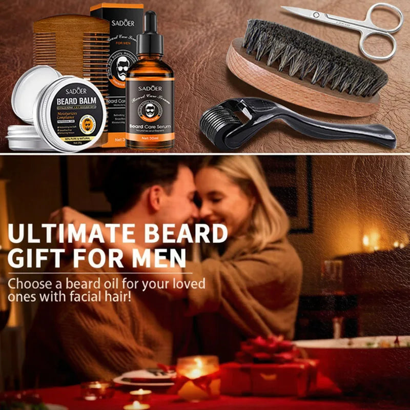 Men's Beard Care Set, Beard Oil, Beard Balm, Moisturizing, Nourishing, Softening and Smoothing, with Trimming Tools & Bear
